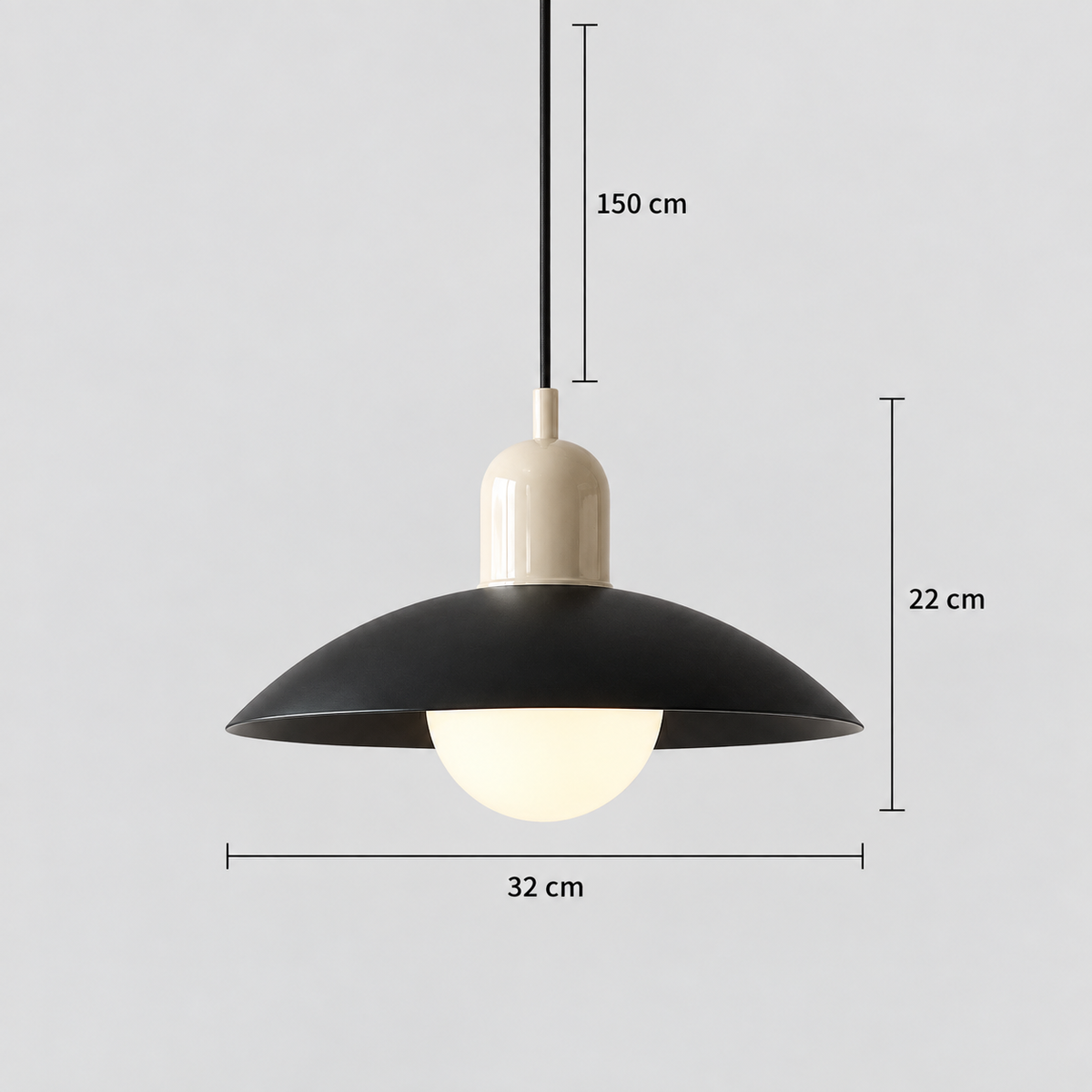 Curved metal pendant light with 32 cm diameter, 22 cm height and 150 cm cable