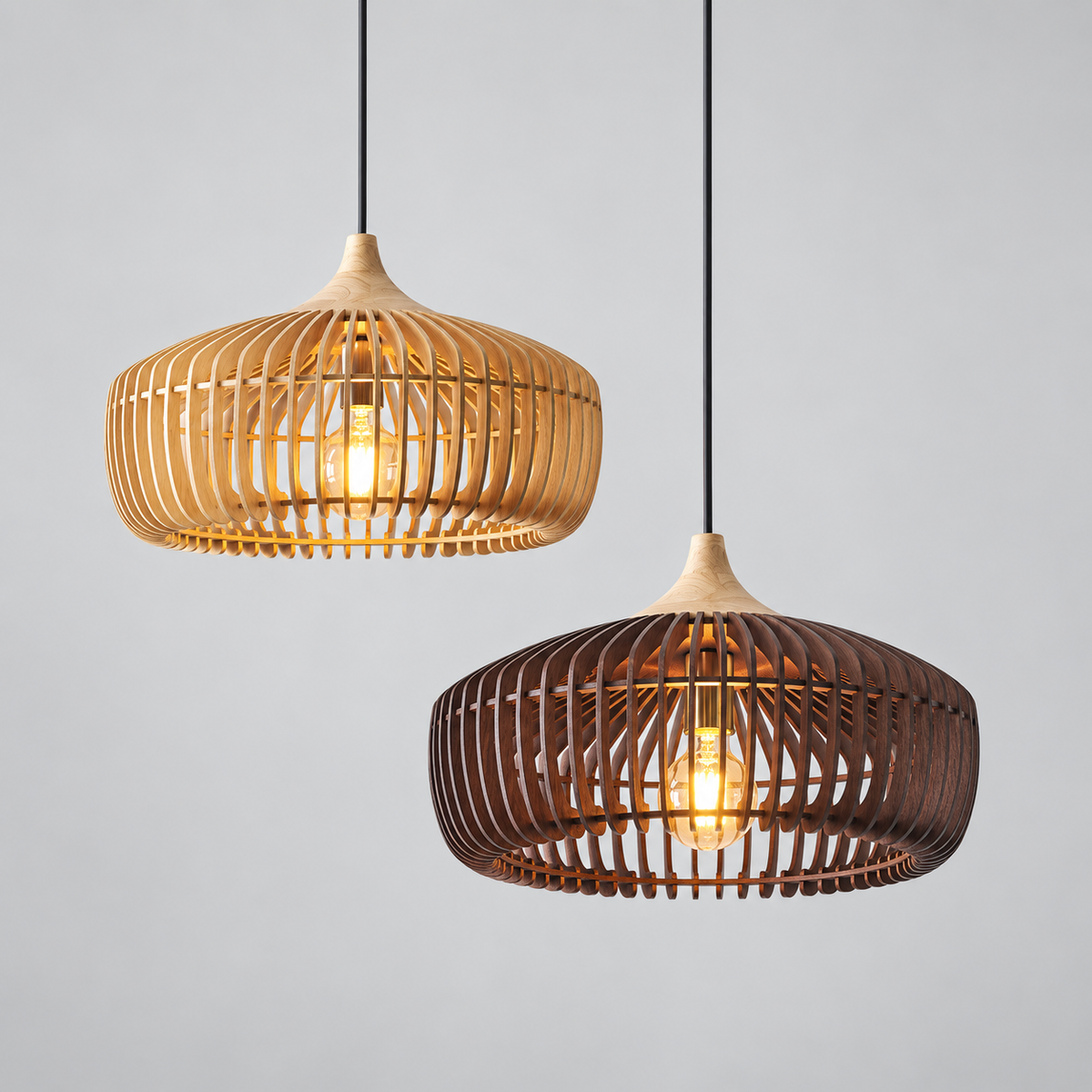 Wood / Walnut curved wood rib pendant light — original photograph