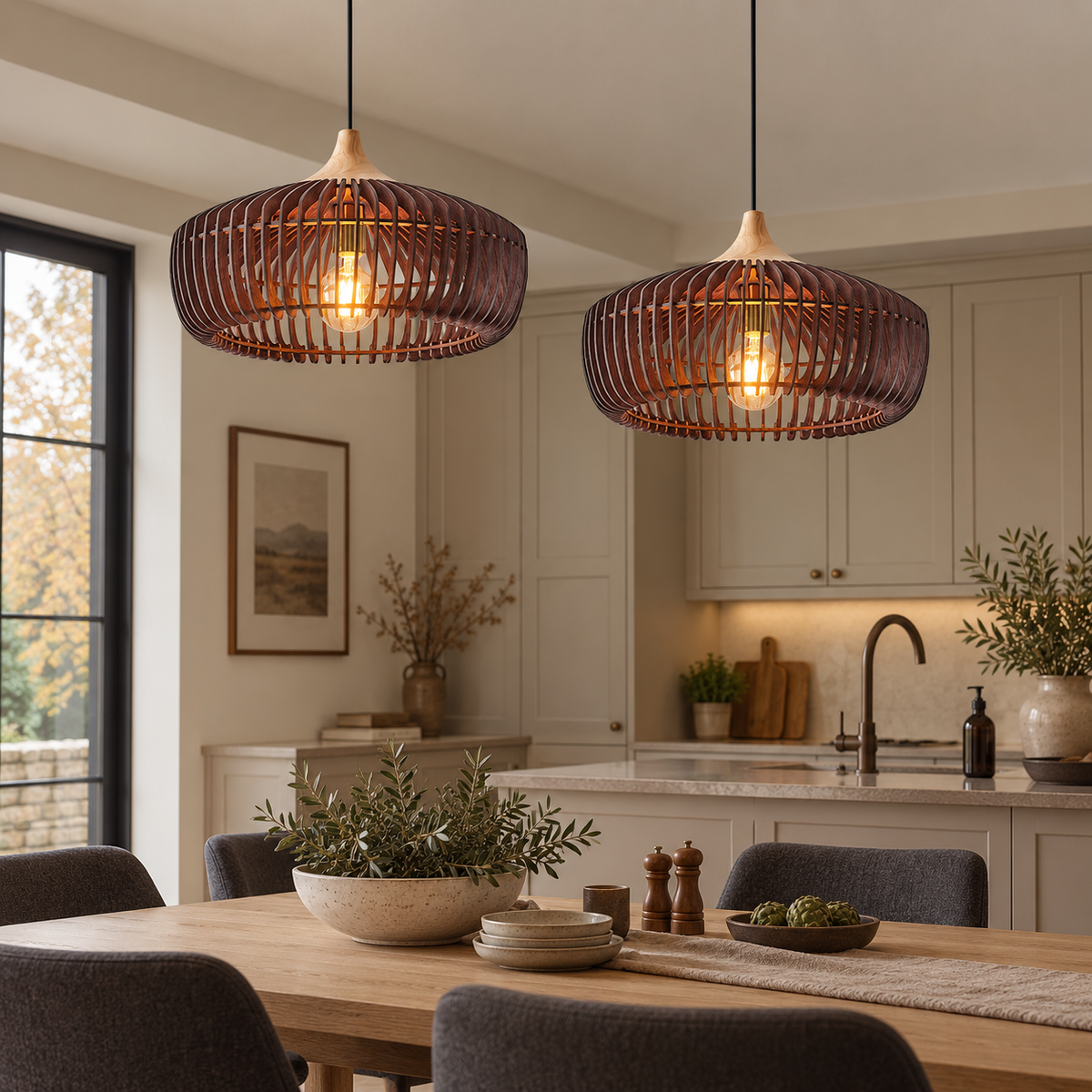 Walnut curved wood rib pendant light — original photograph