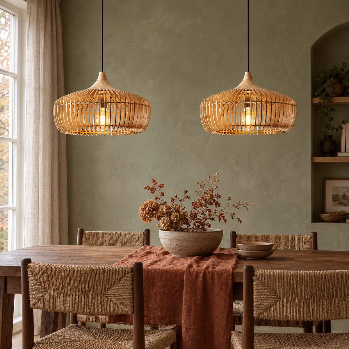 Wood curved wood rib pendant light — original photograph