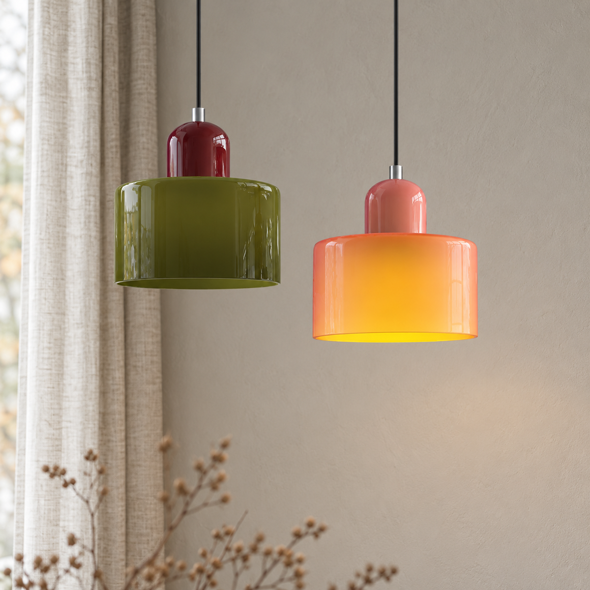 Pendant light with cylindrical glass shade in an original interior