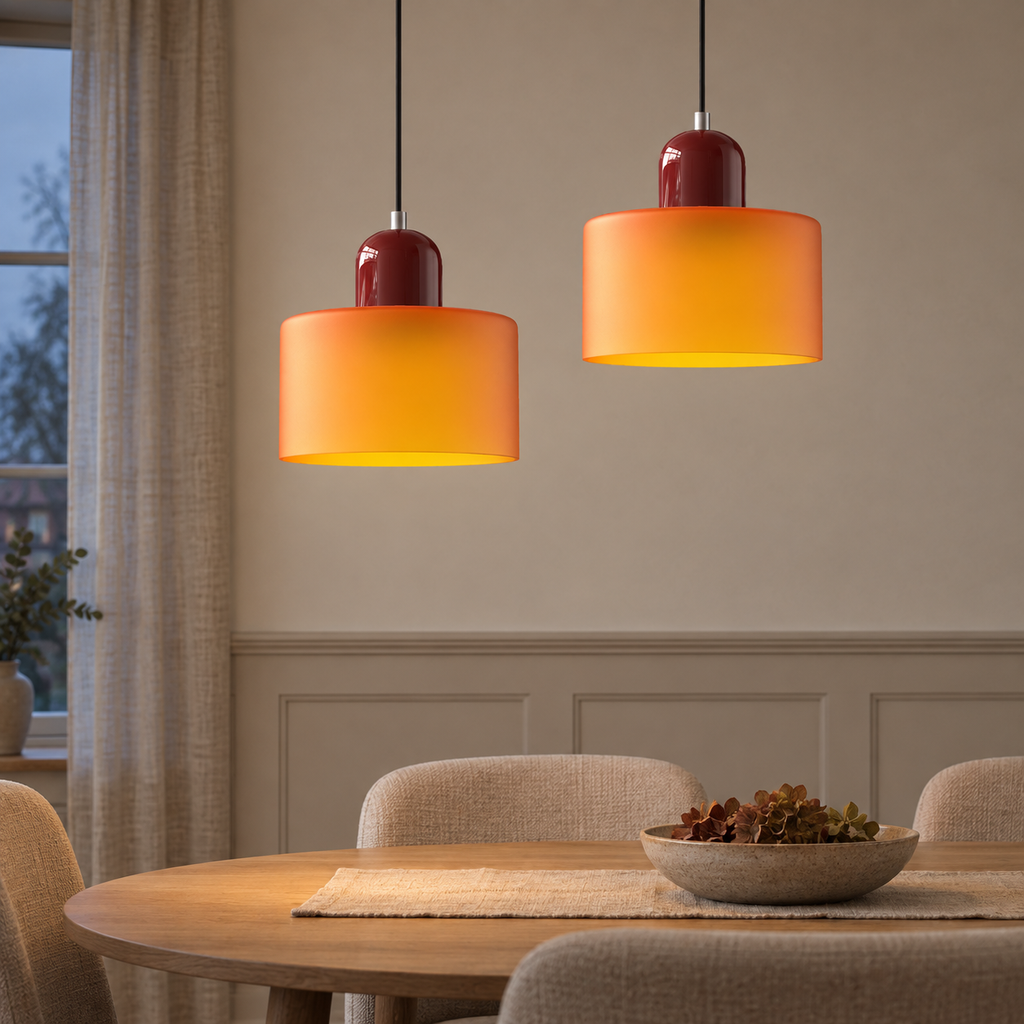 Pendant light with cylindrical glass shade in an original interior