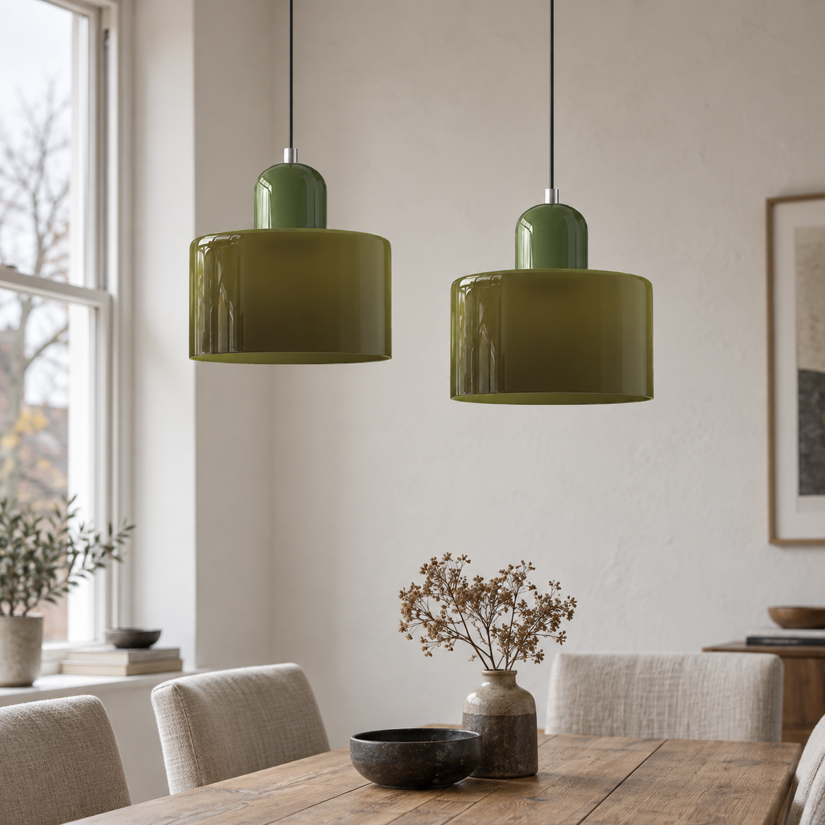 Pendant light with cylindrical glass shade in an original interior