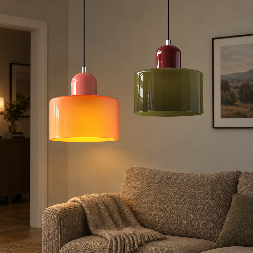 Pendant light with cylindrical glass shade in an original interior