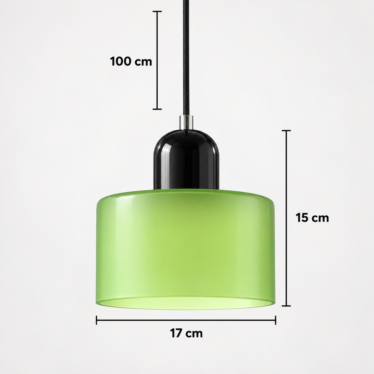 Pendant light dimensions: 17 cm shade diameter, 15 cm body height, 100 cm adjustable cable