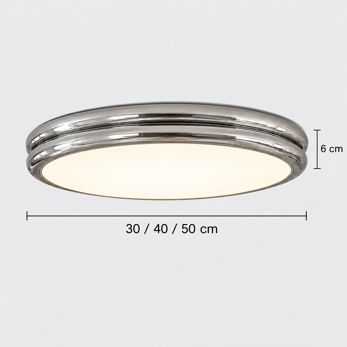 Chrome flush ceiling light with diameter options 30, 40 and 50 cm and height 6 cm