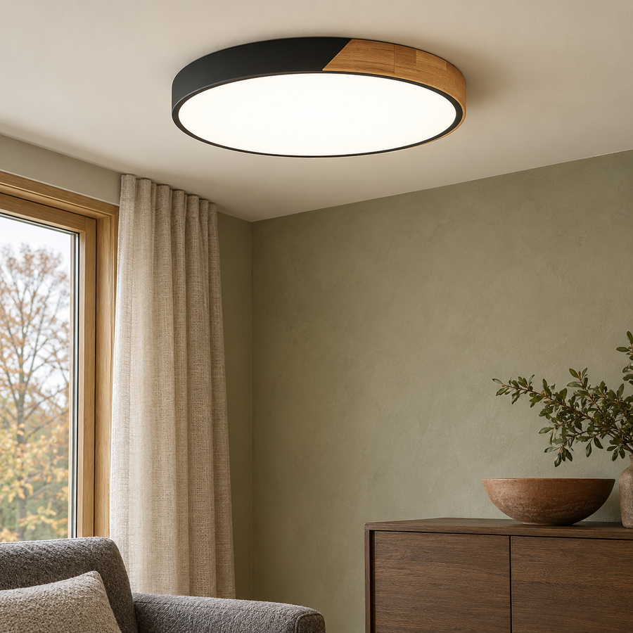 Flush ceiling light with black rim, wood segment and round white diffuser