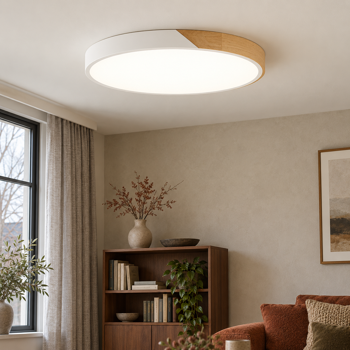 Flush ceiling light with white rim, wood segment and round white diffuser