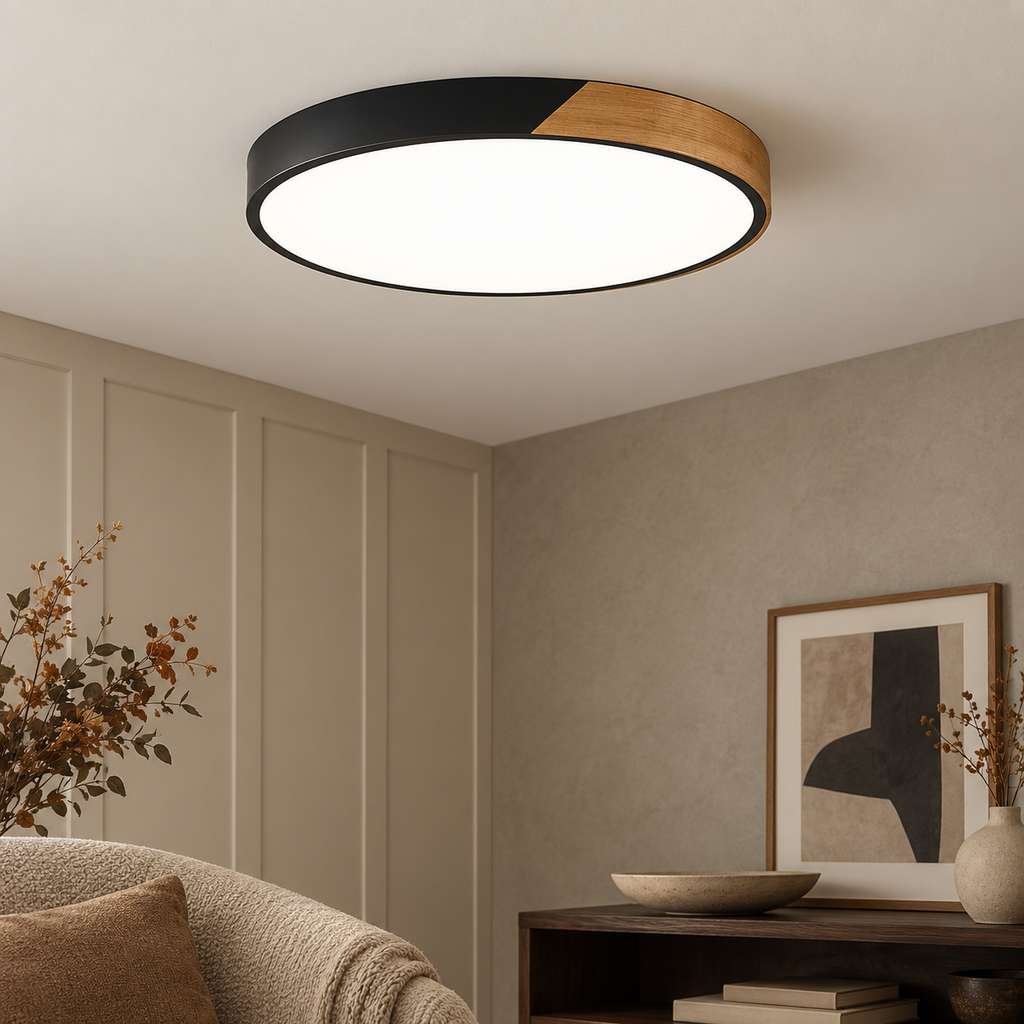 Flush ceiling light with black rim, wood segment and round white diffuser