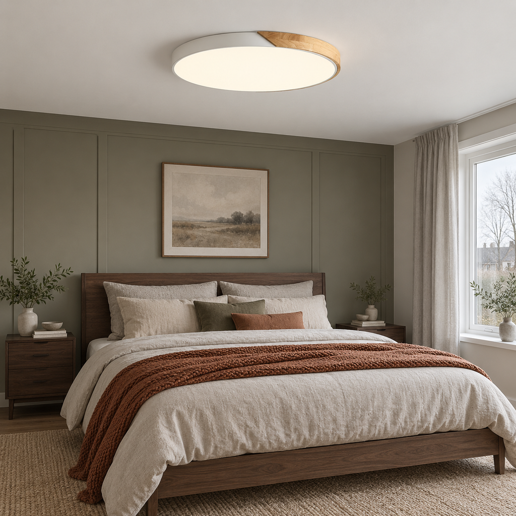 Flush ceiling light with white rim, wood segment and round white diffuser