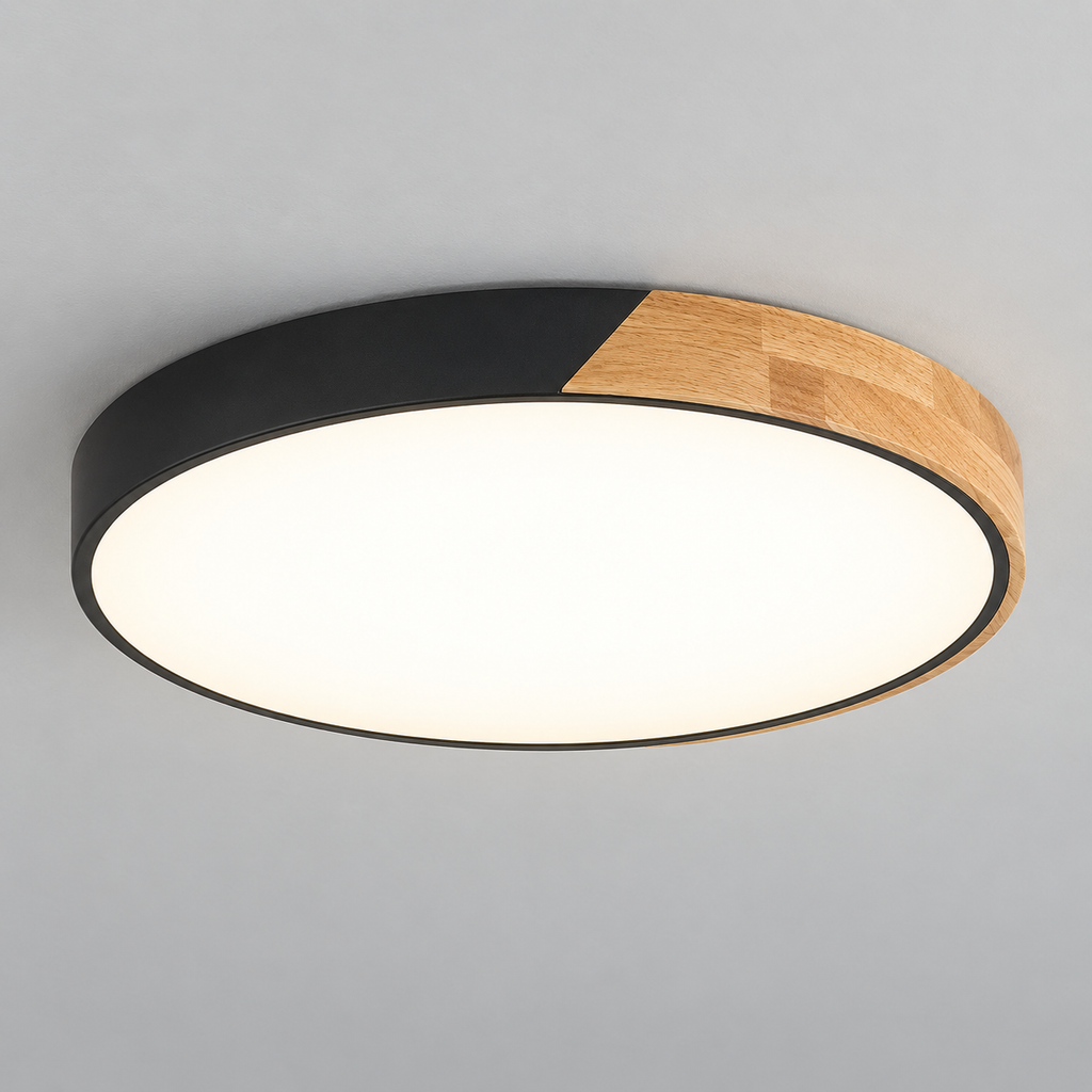 Flush ceiling light with black rim, wood segment and round white diffuser