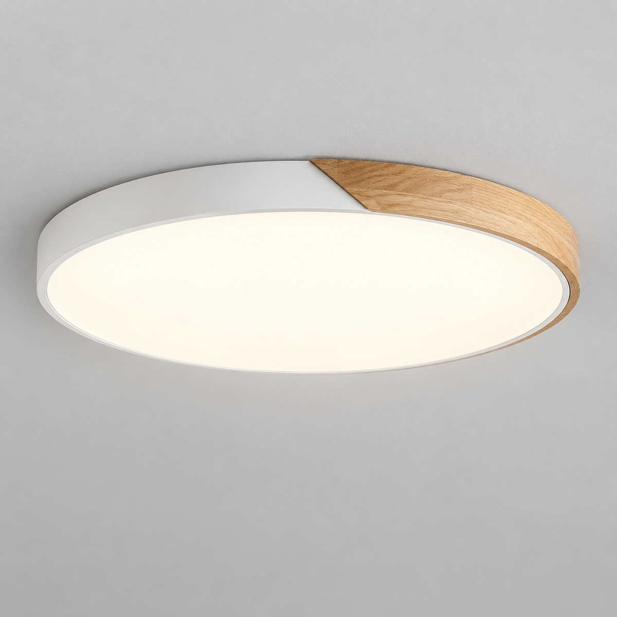 Flush ceiling light with white rim, wood segment and round white diffuser