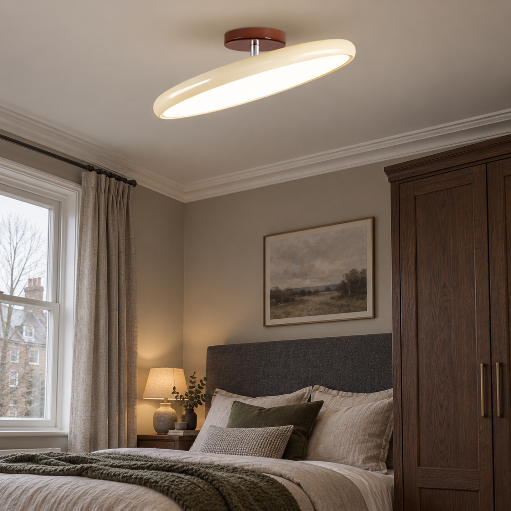 Beige ceiling light with tilting disc shade — photo 09