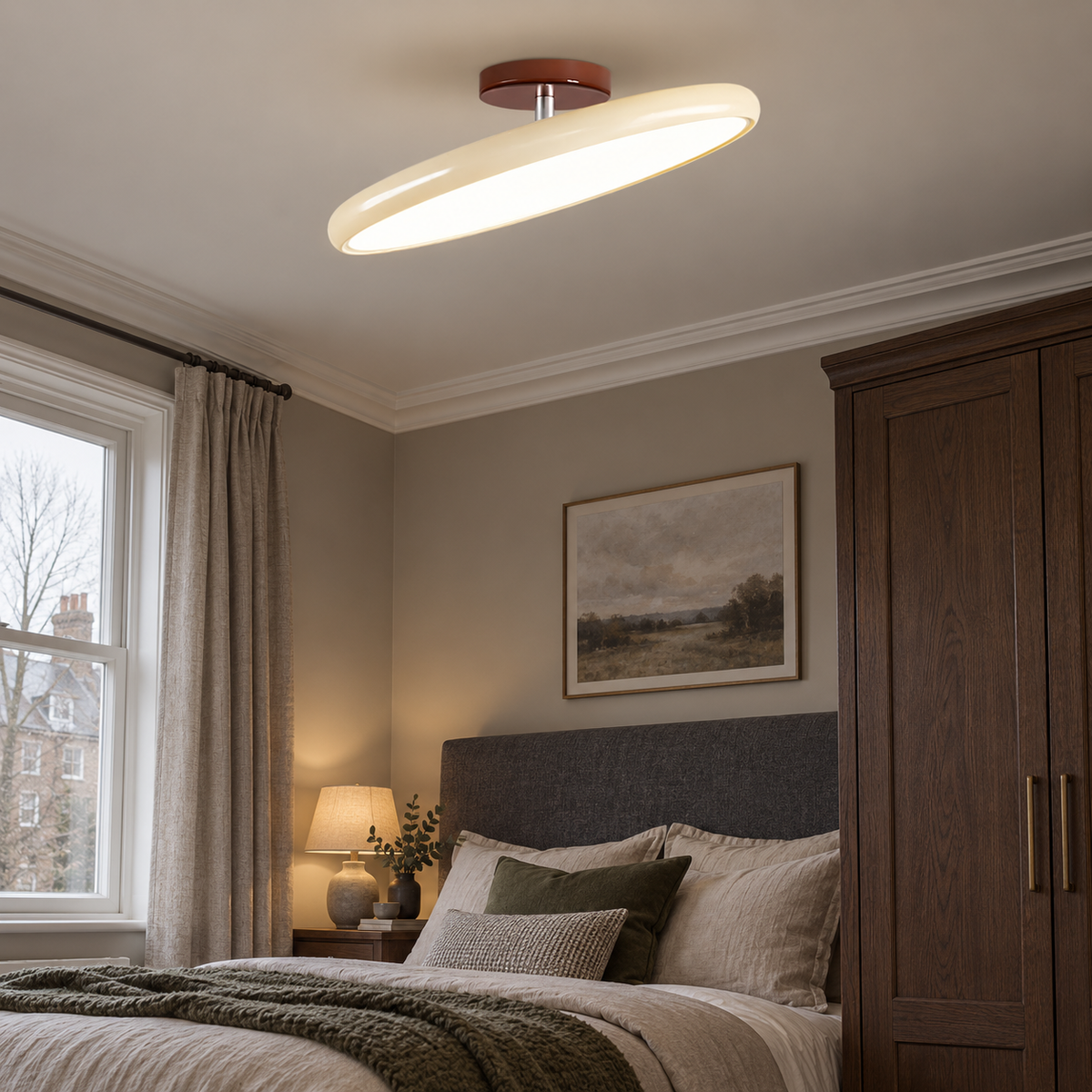 Beige ceiling light with tilting disc shade — photo 09