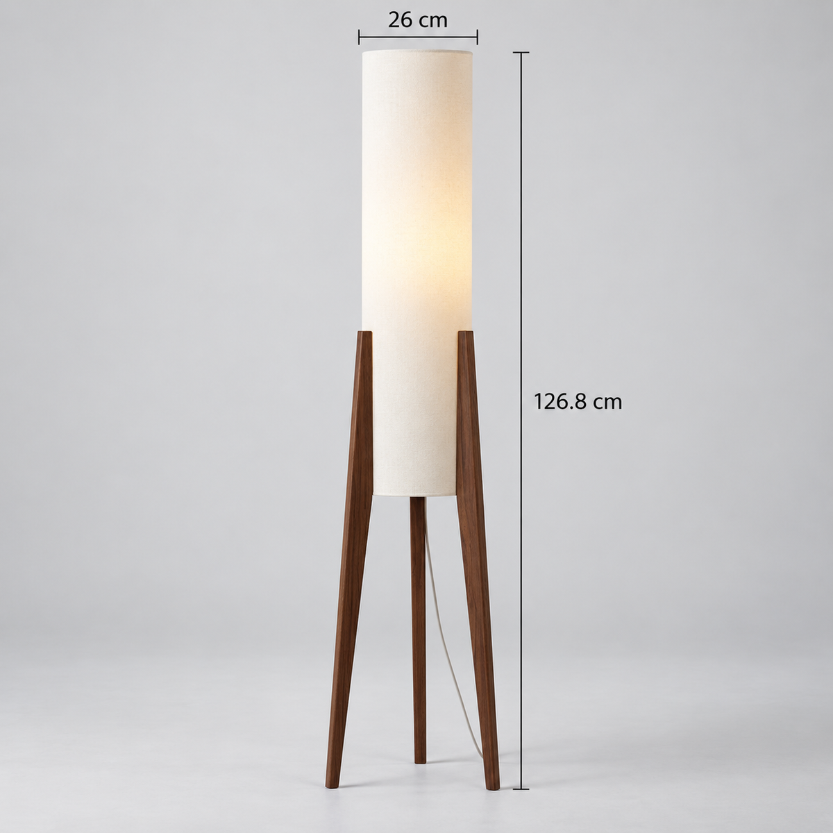 Walnut tripod floor lamp with 26 cm shade diameter and 126.8 cm overall height