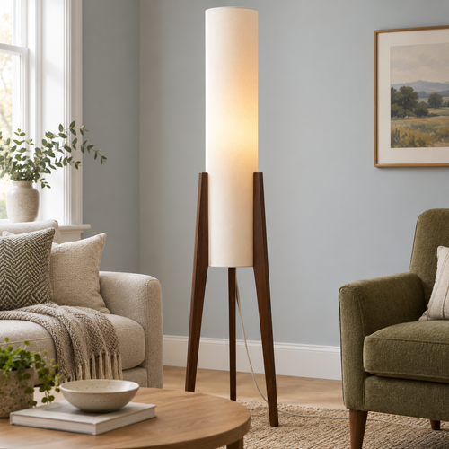 Floor lamp with a tall fabric cylinder and walnut tripod legs in a living room