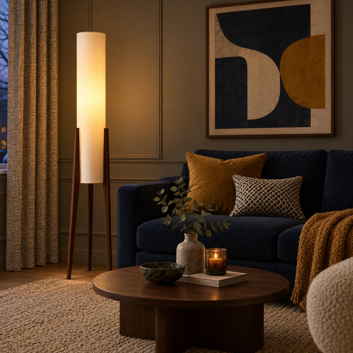 Walnut tripod floor lamp with tall fabric shade, photograph 02