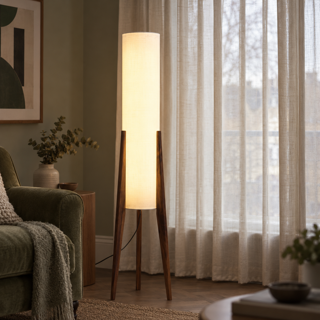 Walnut tripod floor lamp with tall fabric shade, photograph 03