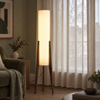 Walnut tripod floor lamp with tall fabric shade, photograph 03