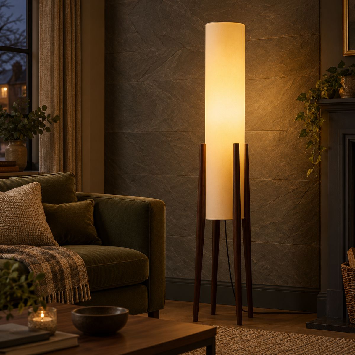 Walnut tripod floor lamp with tall fabric shade, photograph 04