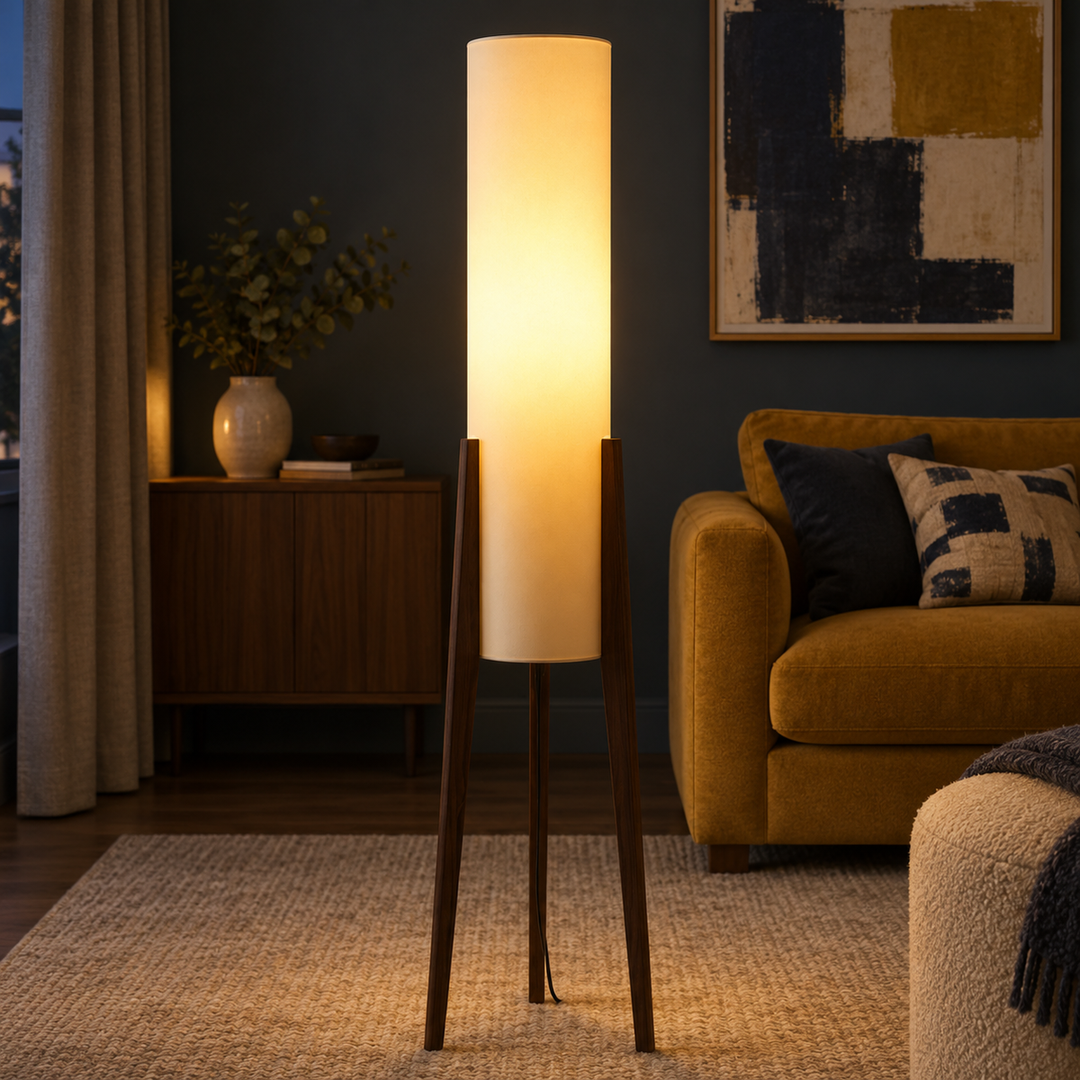 Walnut tripod floor lamp with tall fabric shade, photograph 05