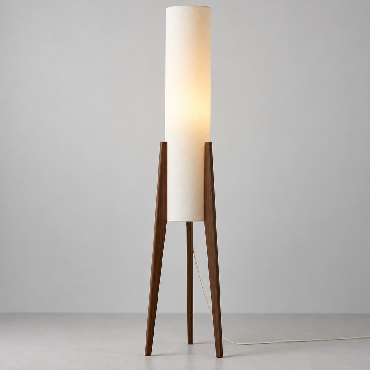 Walnut tripod floor lamp with tall fabric shade, photograph 06
