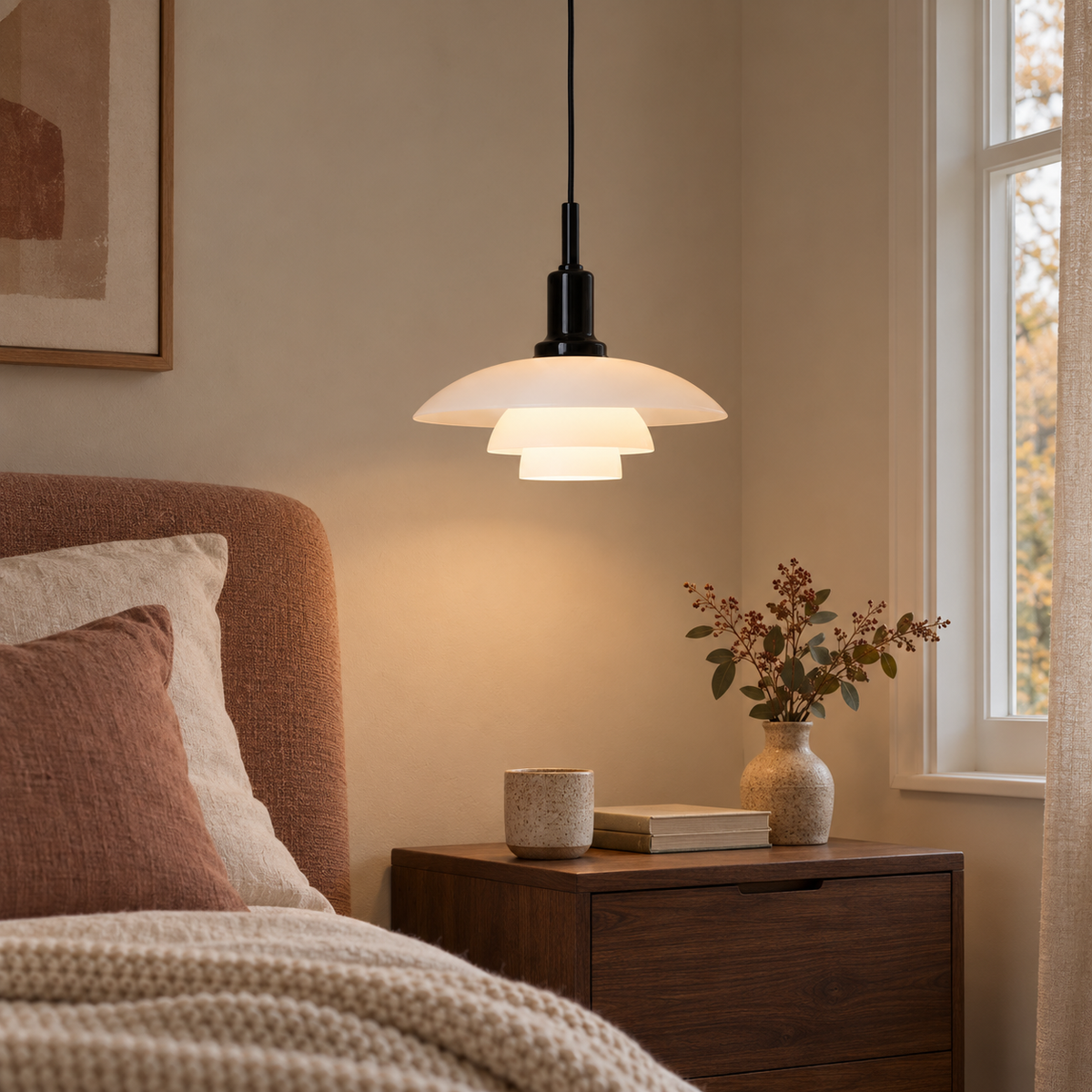 Pendant light with three layered opal glass shades and black fitting