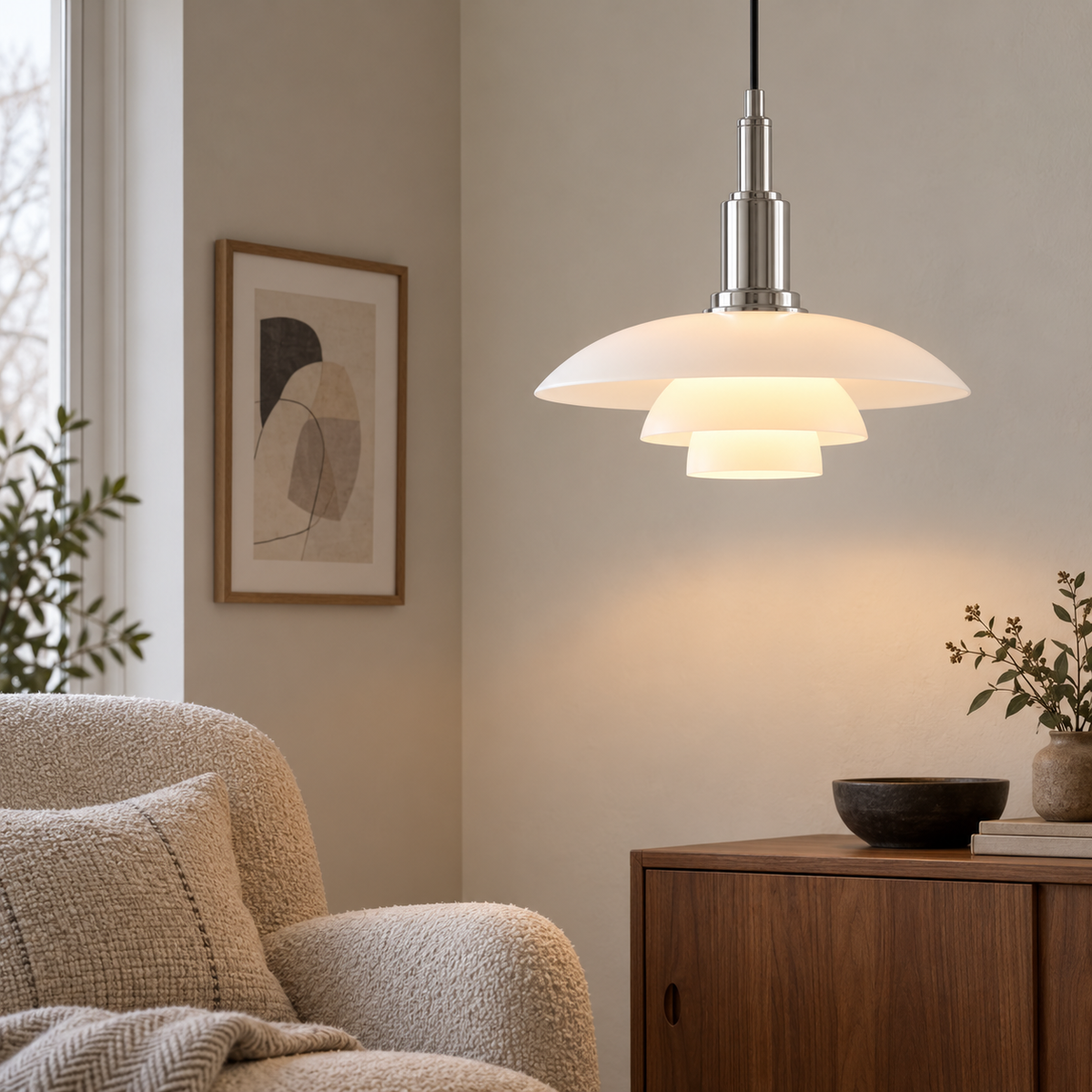 Pendant light with three layered opal glass shades and silver fitting