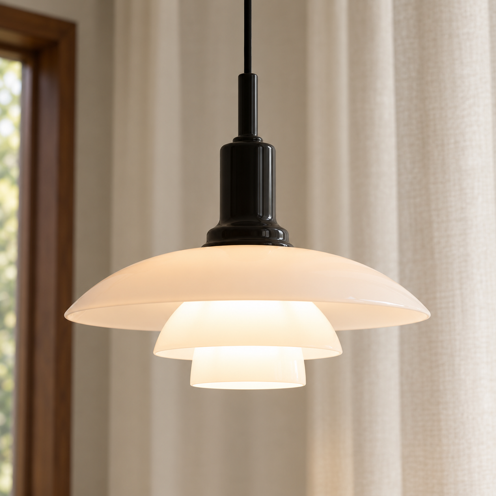 Pendant light with three layered opal glass shades and black fitting