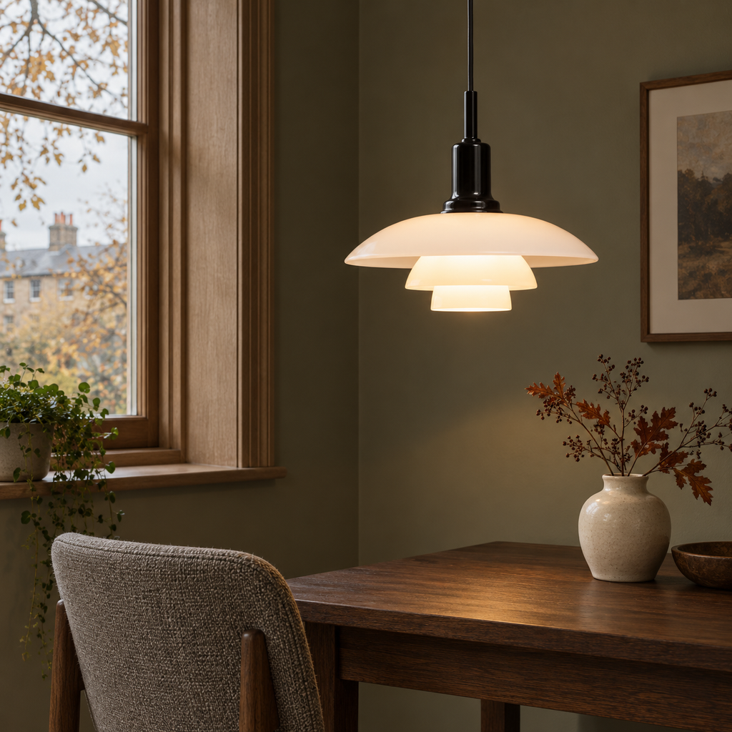 Pendant light with three layered opal glass shades and black fitting
