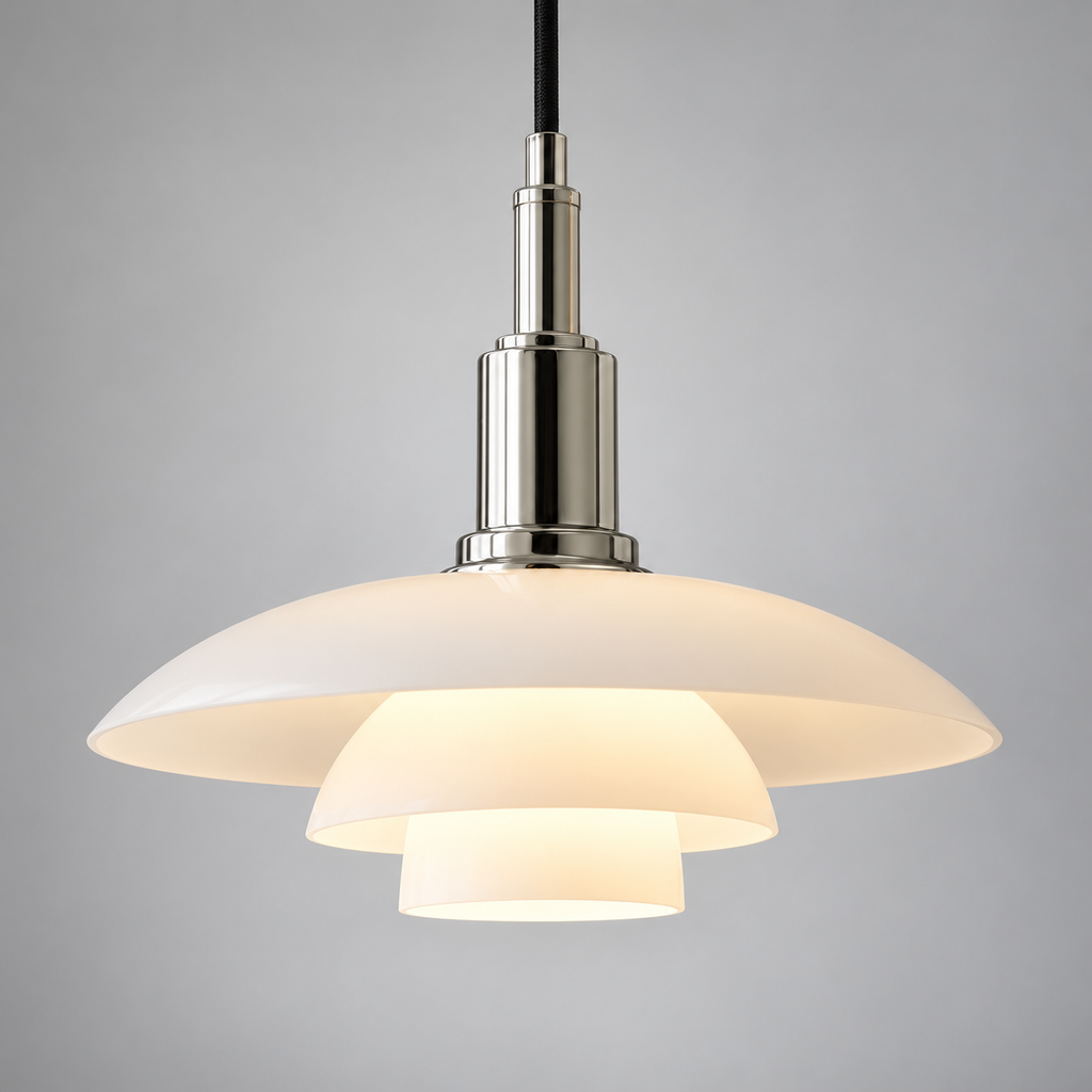 Pendant light with three layered opal glass shades and silver fitting