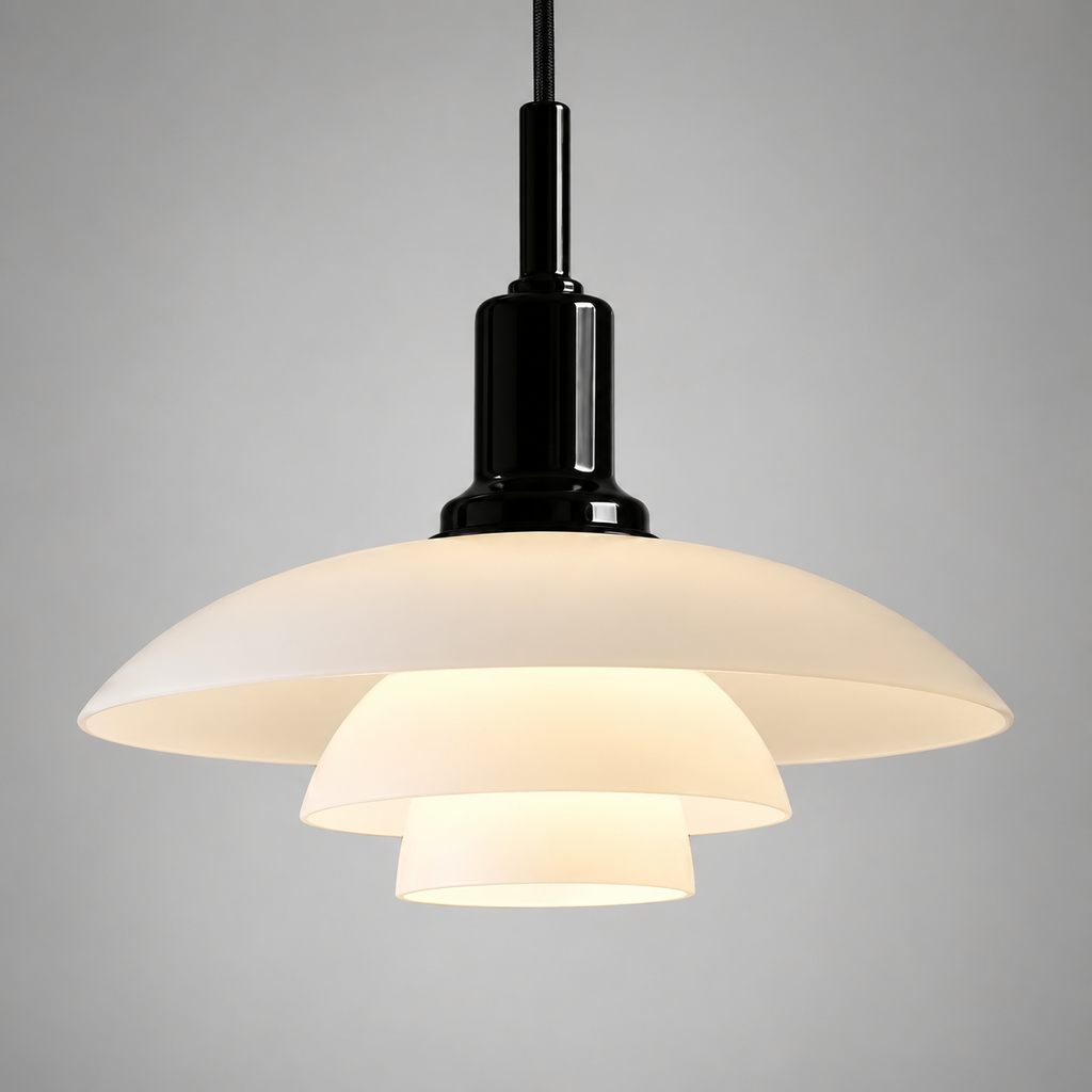 Pendant light with three layered opal glass shades and black fitting