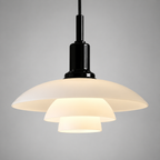 Pendant light with three layered opal glass shades and black fitting
