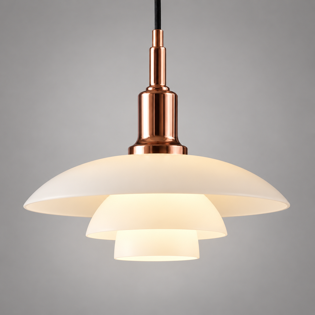Pendant light with three layered opal glass shades and rose gold fitting