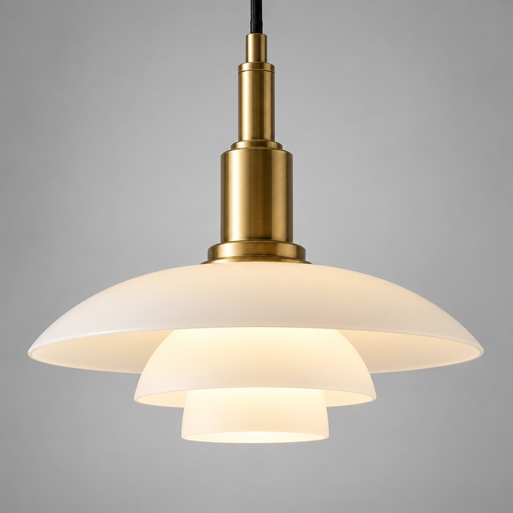 Pendant light with three layered opal glass shades and gold fitting