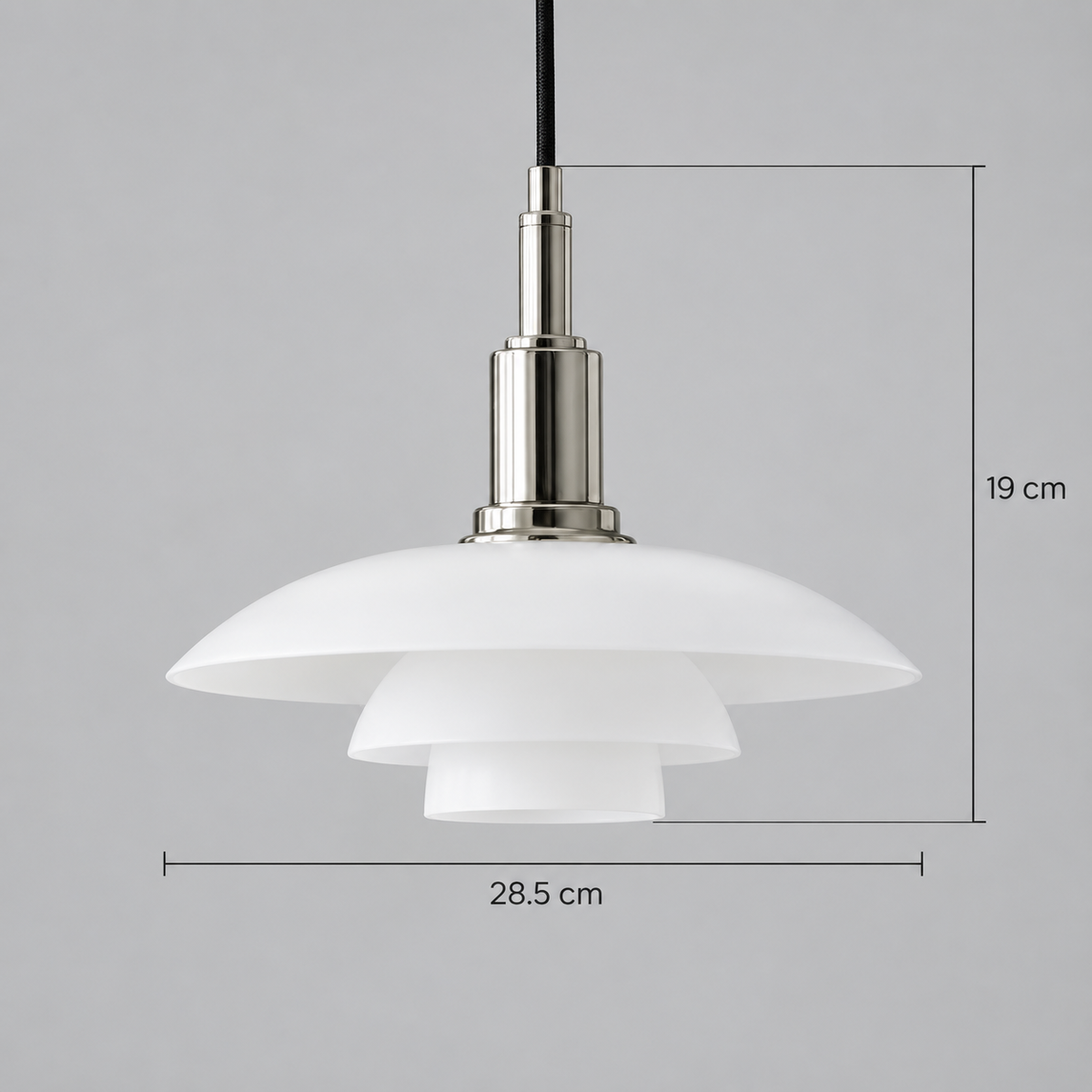 Layered opal glass pendant diameter28.5cm and fitting height19cm. Dimensions metafield only; excluded from gallery.