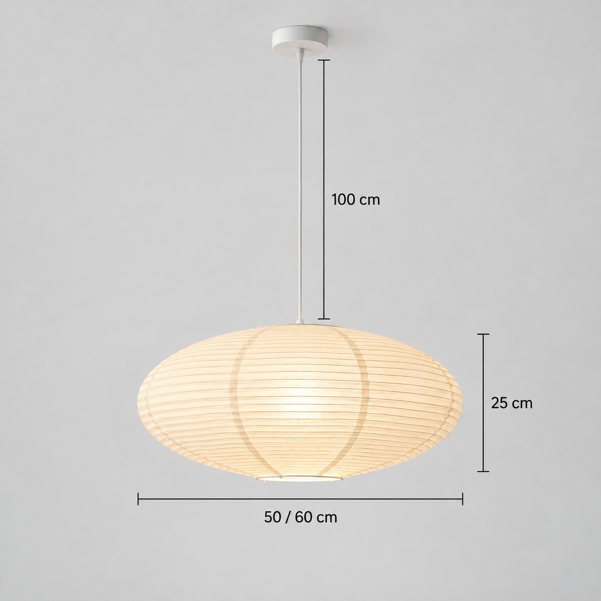 Paper pendant light with 50 or 60 cm shade diameter, 25 cm height and 100 cm adjustable cord