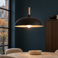 Pendant light with dome shade and wood stem — Black