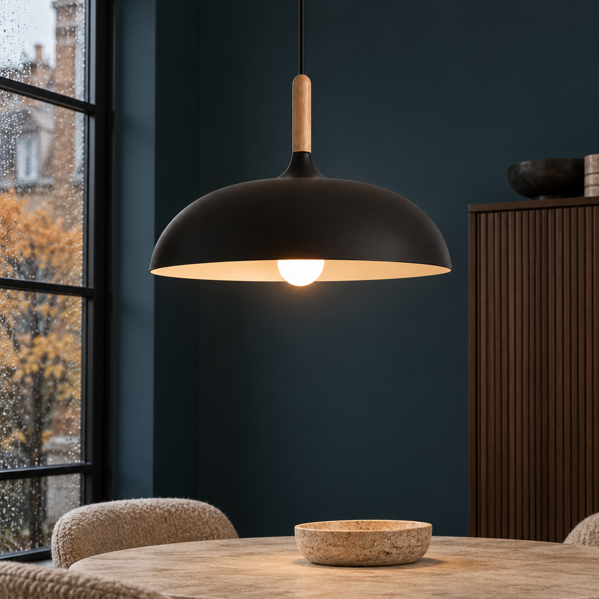 Pendant light with dome shade and wood stem — Black