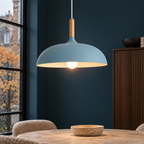 Pendant light with dome shade and wood stem — Blue
