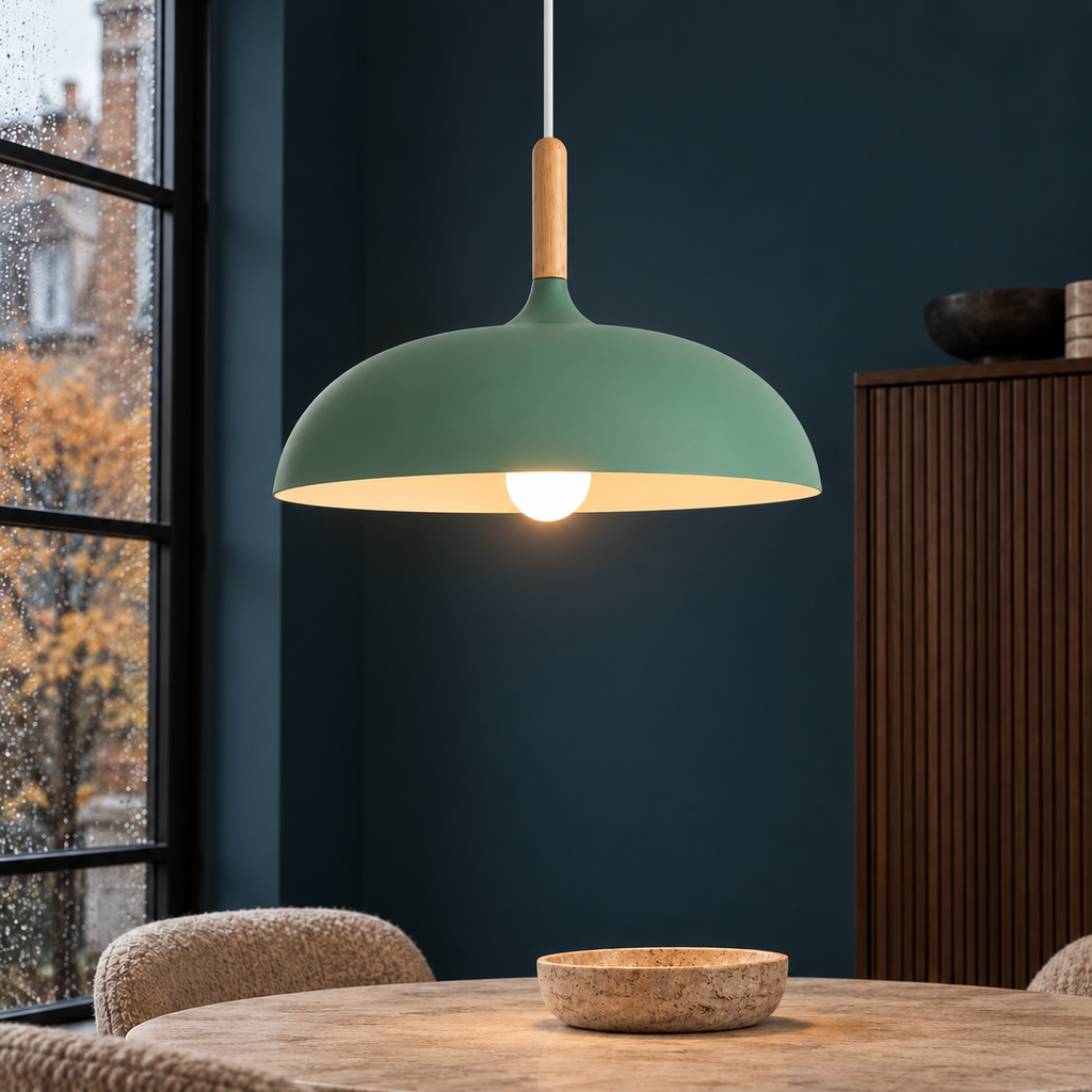 Pendant light with dome shade and wood stem — Green