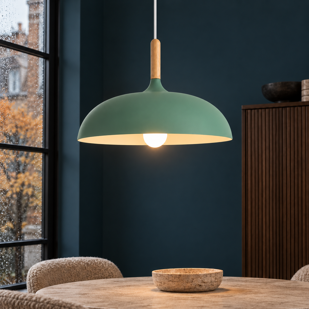 Pendant light with dome shade and wood stem — Green