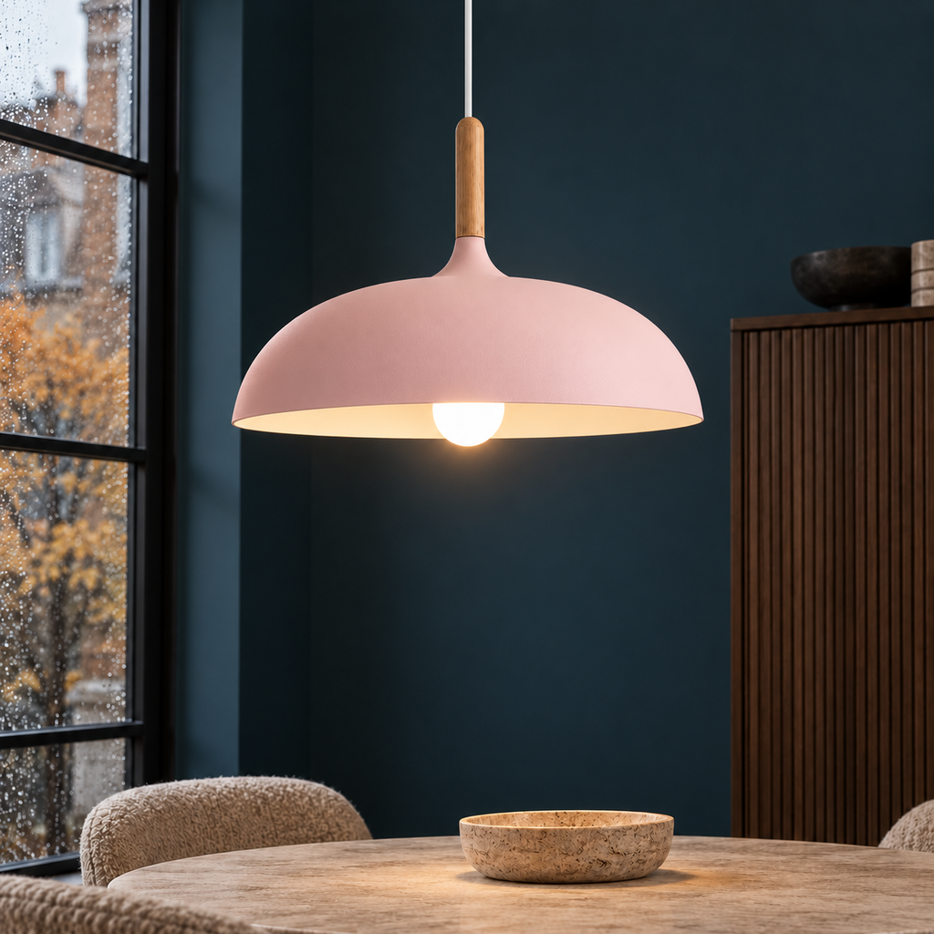 Pendant light with dome shade and wood stem — Pink