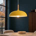 Pendant light with dome shade and wood stem — Yellow