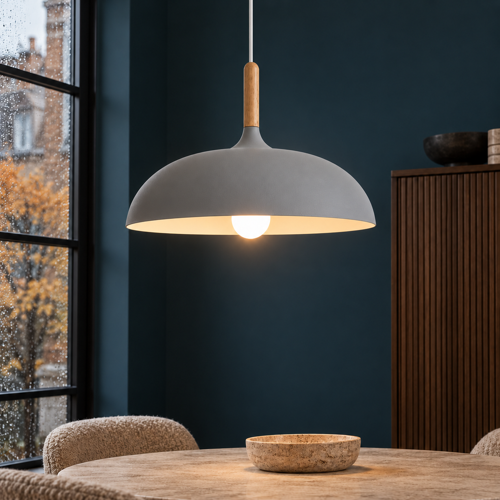 Pendant light with dome shade and wood stem — Grey
