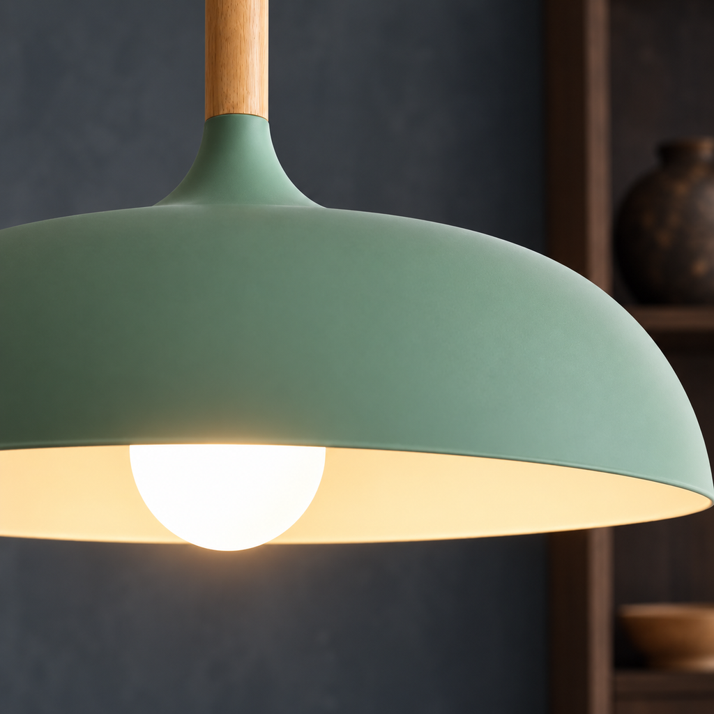 Pendant light with dome shade and wood stem — Green — material detail
