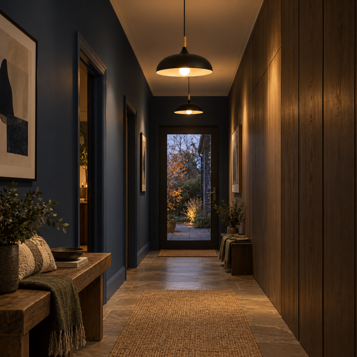 Pendant light with dome shade and wood stem — Black — two pendant hallway