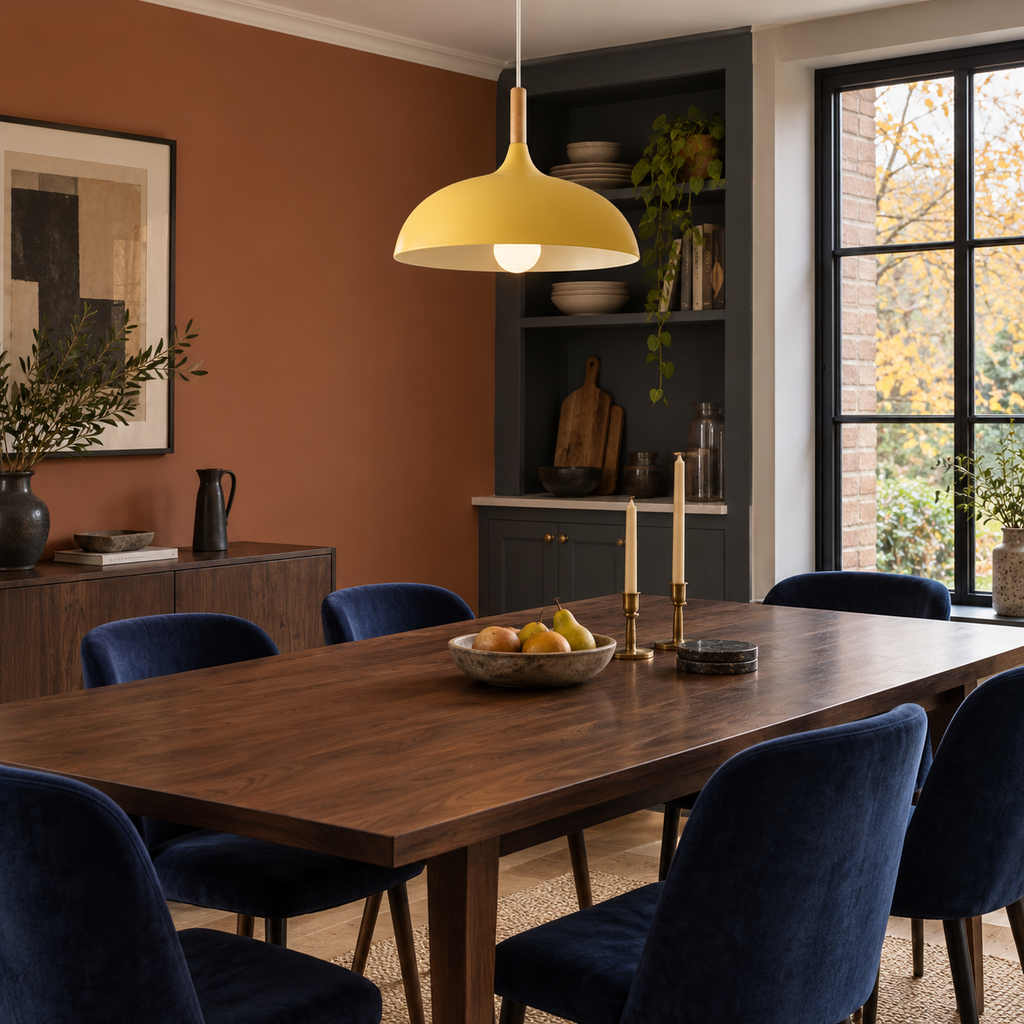 Pendant light with dome shade and wood stem — Yellow — dining room