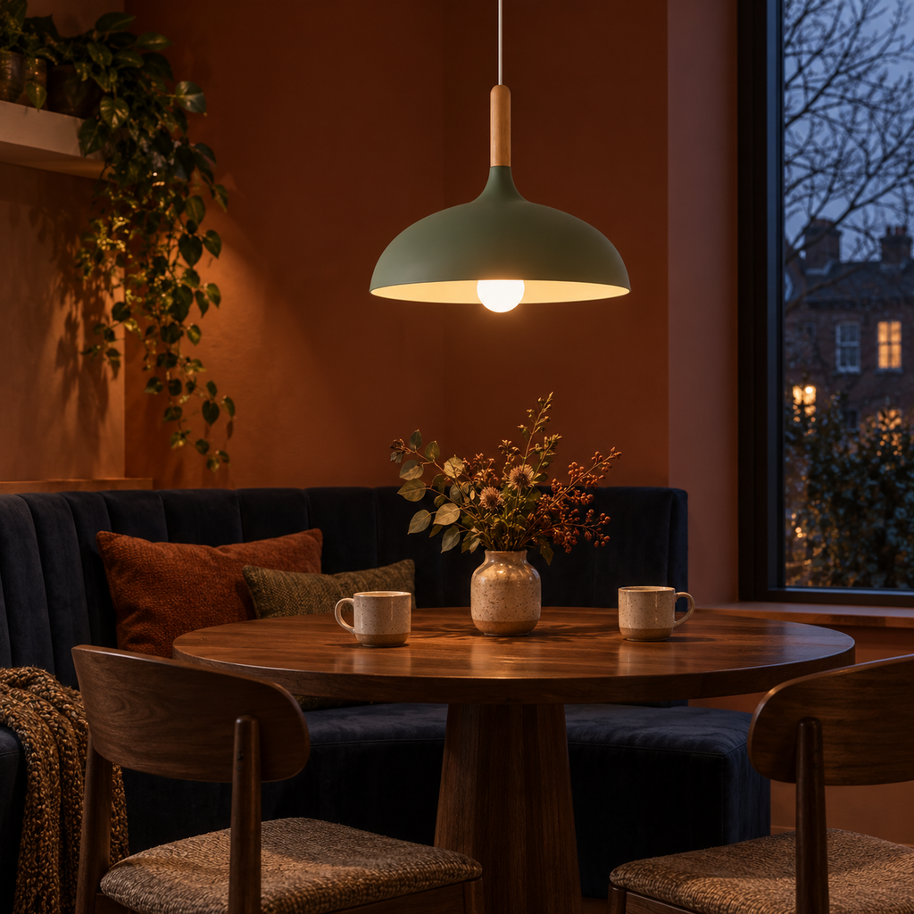 Pendant light with dome shade and wood stem — Green — evening dining