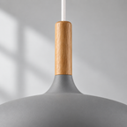 Pendant light with dome shade and wood stem — Grey — wood and aluminium detail